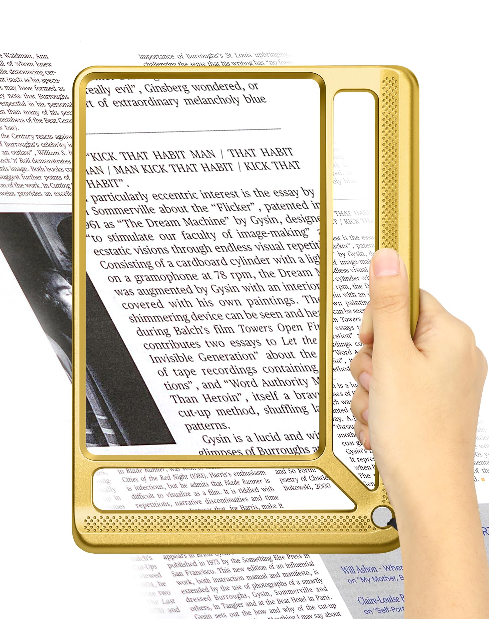 Tobegiga 5X Full Page Magnifying Glass for Reading, Lightweight Rectangular Magnifier with Large Book Page Viewing Area, Handheld Magnifier for Reading Small Prints for Seniors Low Vision, Gloden