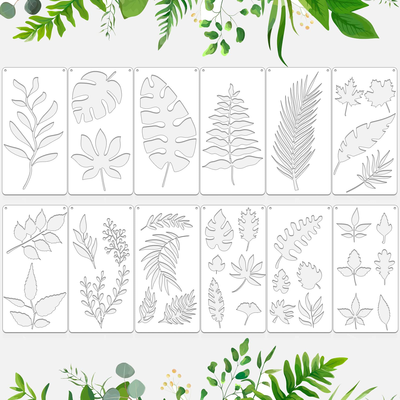 12 Pieces Leaves Stencil Reusable Leaf Painting Stencil Leaf Wall Stencil Leaf Pattern Template Tropical Leaf Reusable Painting Stencil for Painting on Wall Wood Floor Furniture Home Decoration
