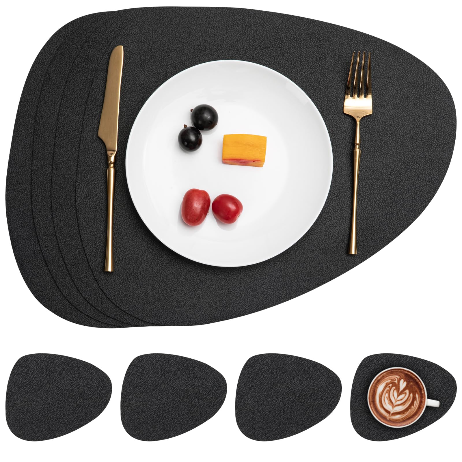 Myir JUN Leather Table Mats and Coasters, Placemat Round PU Waterproof Dual-Sided Kitchen Place Mats Coffee Mats Non-Slip Washable Placemats and Coaster Sets 4 (Set of 4, Black Black)