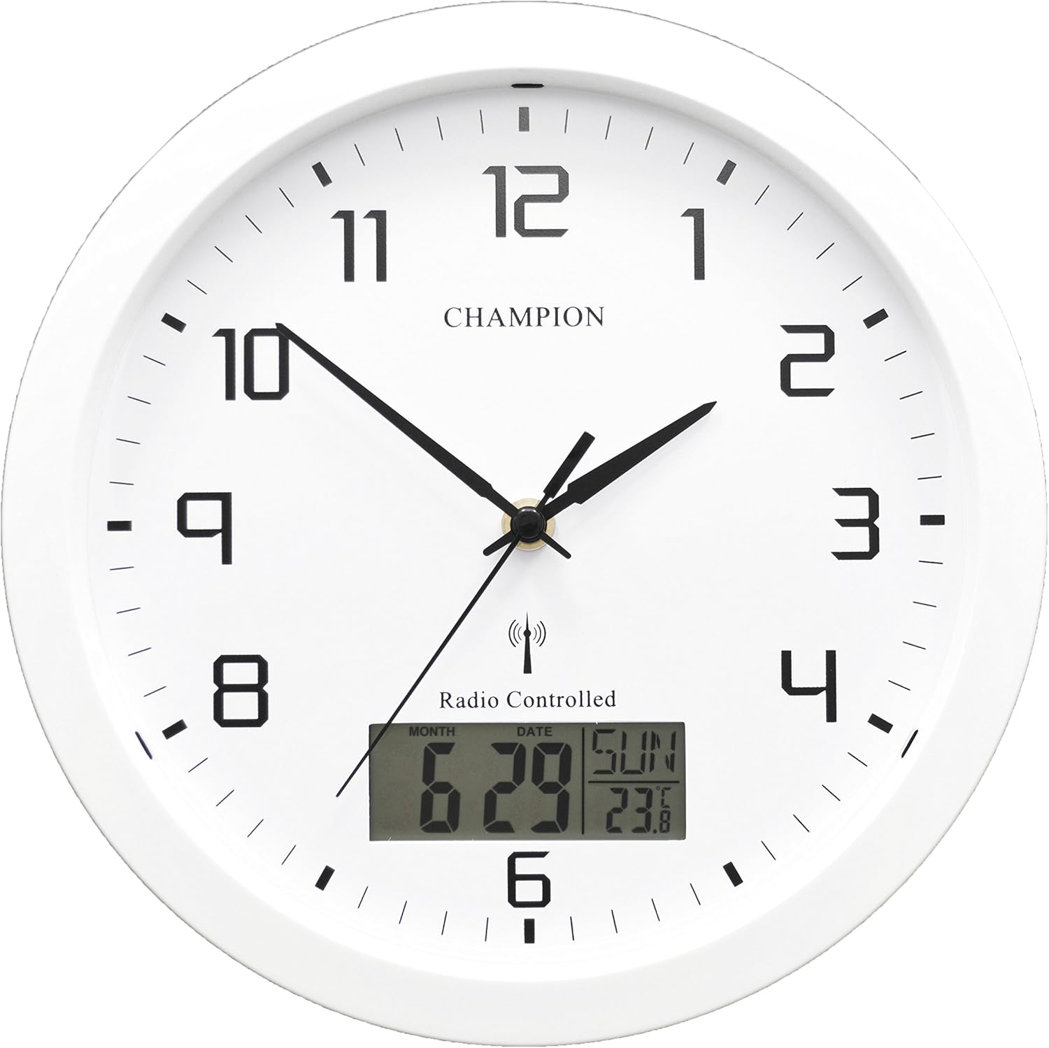 Horloge murale blanche « Champion » de 25 cm, radioguidée avec affichage LCD jour/date. Amazon