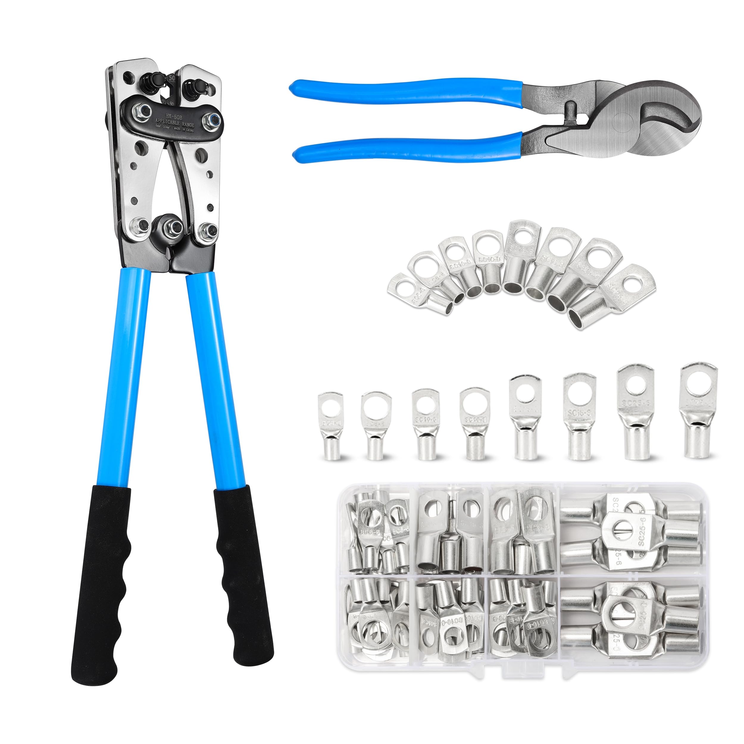 Photo 1 of HKS Battery Cable Lug Crimping Tool 10-1 AWG with Cutter & 60Pcs Copper Ring Terminals 8 Sizes Cable Lugs Set, Heavy Duty Wire Crimper for Battery Wire