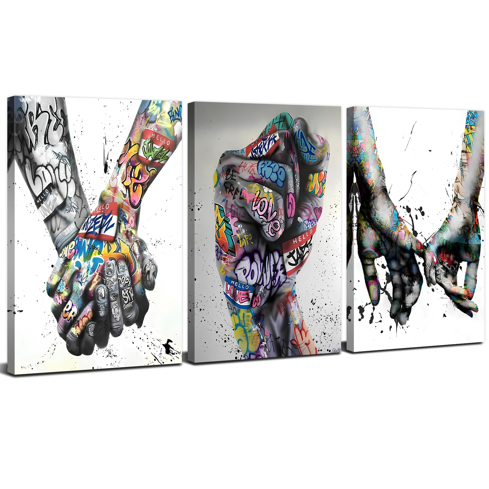 3 Pieces Banksy Canvas Wall Art for Living Room Bedroom Abstract Graffiti Wall Decor Classic Street Art Romantic Love Hands Paintings Hallway Stair Decorations Nordic Minimalist Prints Artwork 12x16"