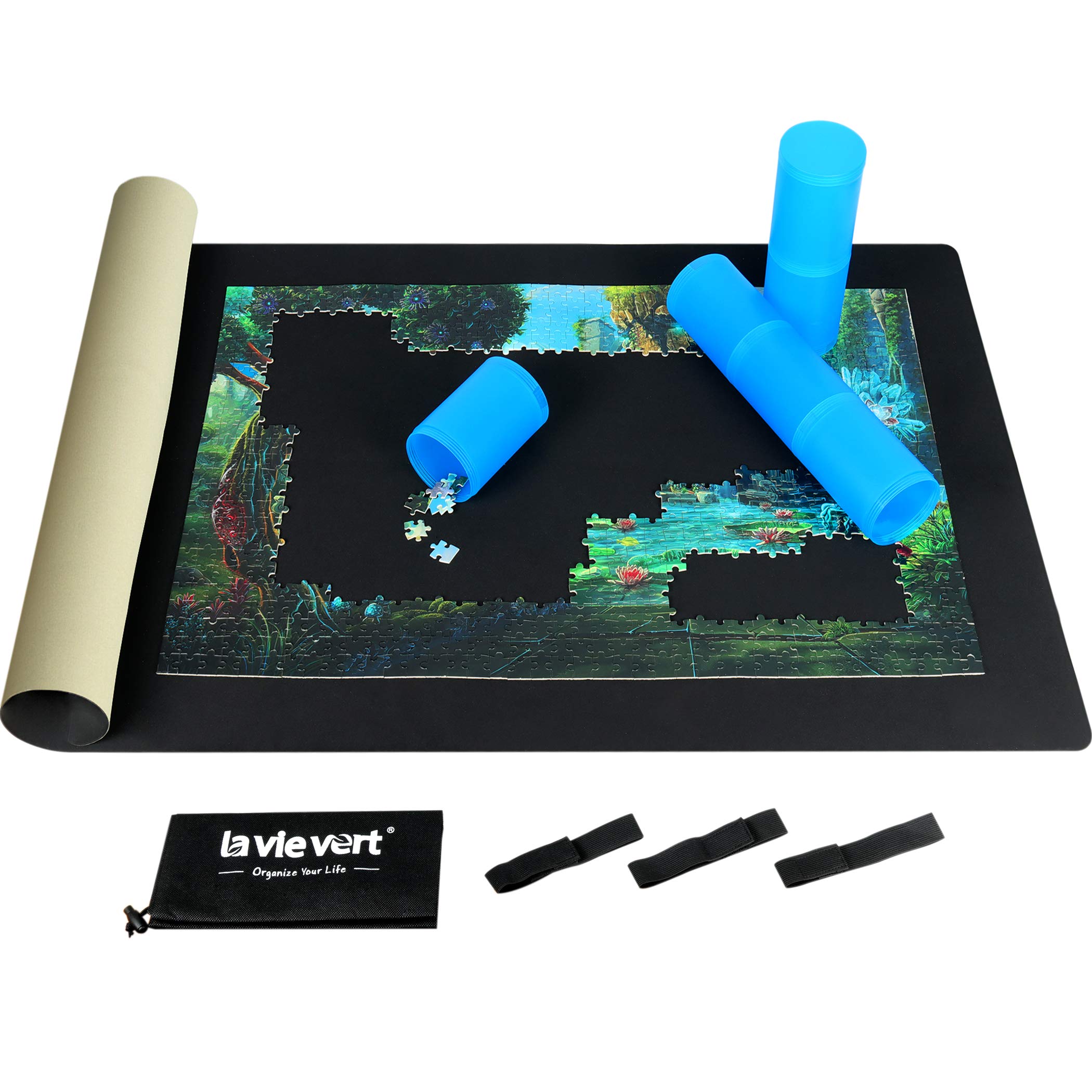 LAVIEVERT 2-in-1 Reversible Jigsaw Puzzle Mat, 2mm Thick Neoprene Puzzle Mat Roll Up, Portable Puzzle Board Holder Saver with Storage Bag & Plastic Cylinder Up to 1500 Pieces - Black & Khaki