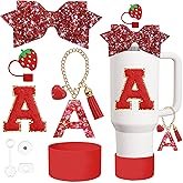 8PCS Cup Accessories Set for Stanley Cup 30oz 40oz tumbler with handle,Including Silicone Straw Topper Cover Cap and Boot,Spill Proof Stopper,Handle Charm,Initials Sticker (Red Strawberry A)