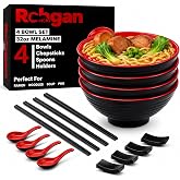 ROHGAN 32oz Ramen Bowl Set of 4-20-Piece Red Melamine Japanese Noodle Bowls with Chopsticks, Spoons &amp; Holders - Unbreakable, BPA-Free, Dishwasher-Safe - Perfect for Ramen, Udon, Pho &amp; Asian Soups