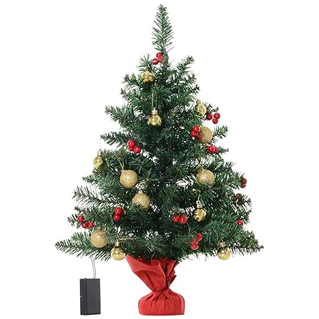 Homcom Piccolo Albero Di Natale Verde E Rosso Decorato Con 15 Luci A Led Bianche E 16 Ornamenti Fra Palline Di Natale E Bacche Di Agrifoglio