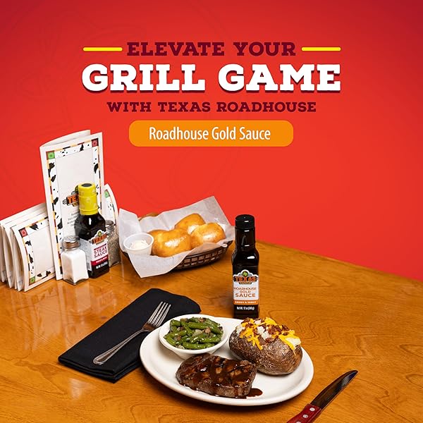 TEXAS ROADHOUSE GOLD SAUCE, 12 OZ. BOTTLE, PERFECT STEAK MARINADE OR DIPPING SAUCE, MADE WITH VINEGAR, APPLE BUTTER AND SOY SAUCE