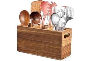 ALELION Acacia Wood Utensil Holder for Kitchen Counter - 3 Compartment Large Kitchen Utensil Caddy Organizer for Countertop - Kitchen Tool Holder for Spatula - Farmhouse Kitchen Decor Accessories