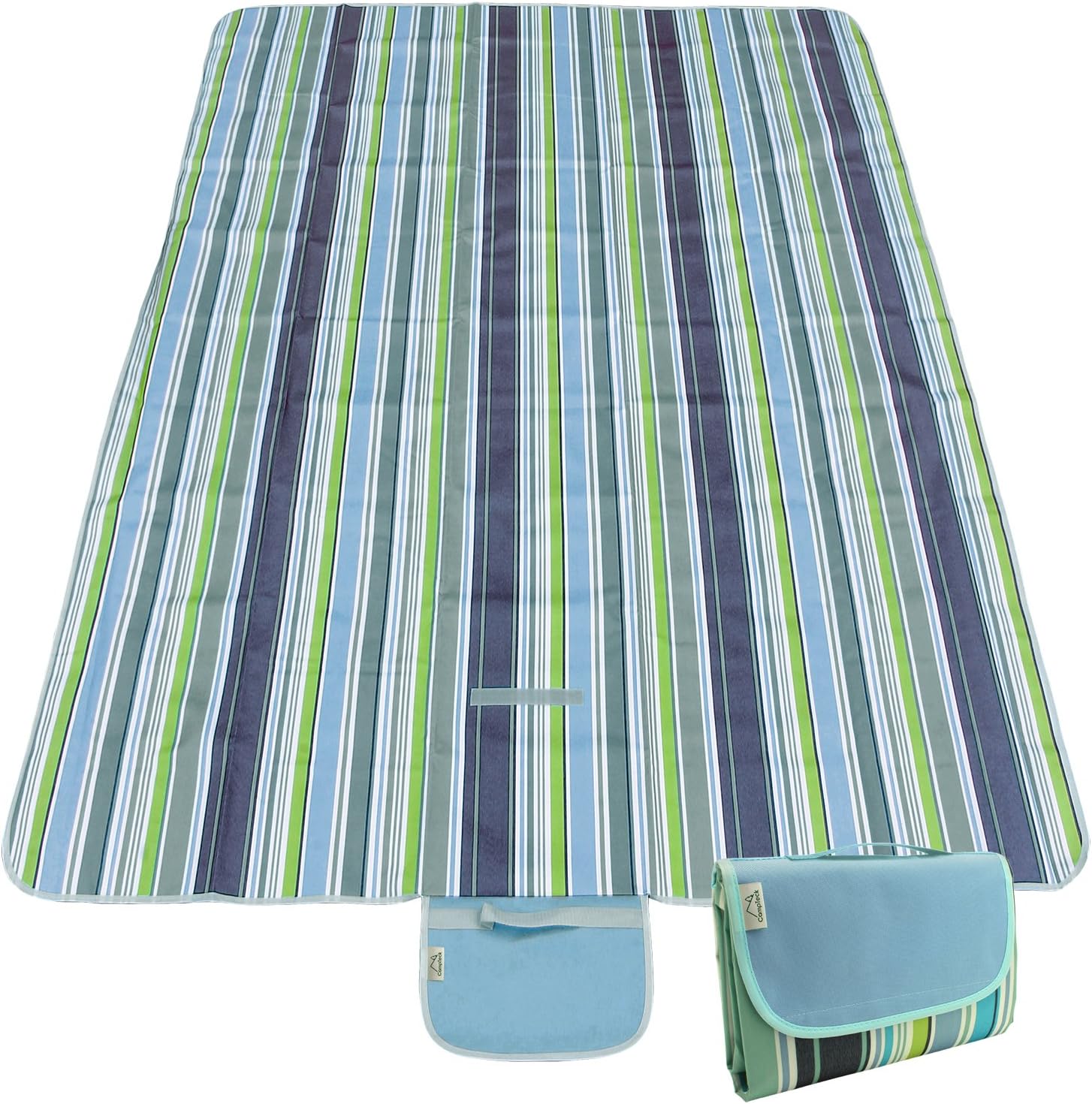 CampTeckExtra Large (200 x 145cm) Folding Picnic Blanket Waterproof Backing Travel Picnic Rug for Outdoors, Beach, Camping with Handle - Blue Stripe