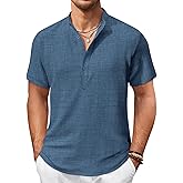 COOFANDY Men's Casual Henley Shirt Short Sleeve Summer Shirts Linen Band Collar Summer Beach Hippie T-Shirts