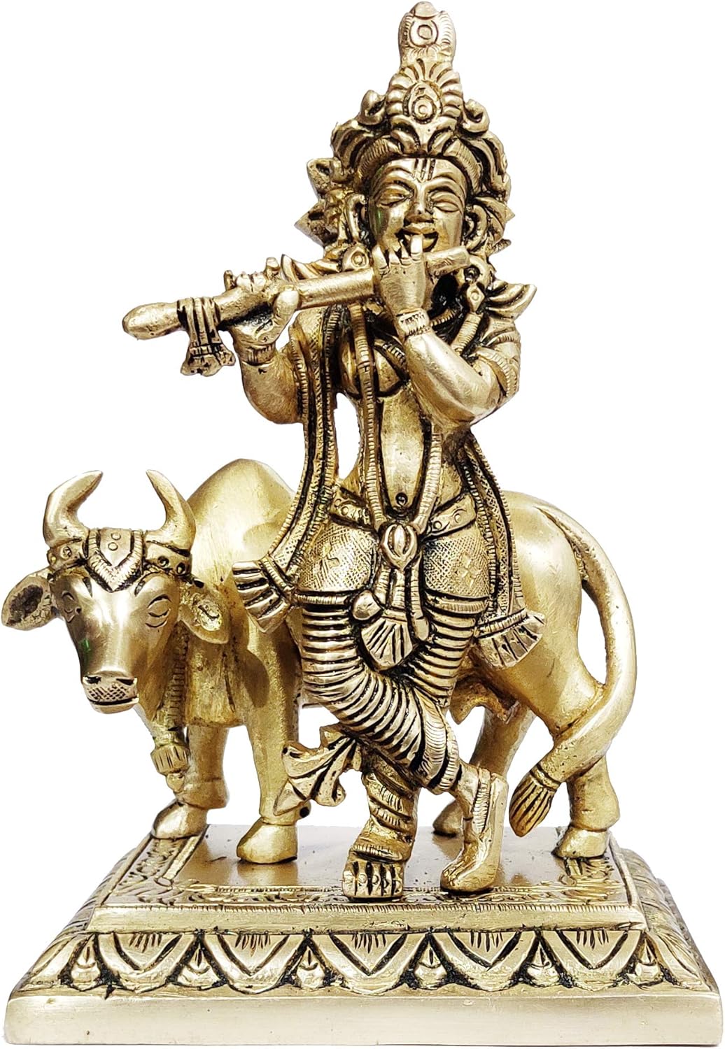 Purpledip Brass Idol Lord Krishna & Kamdhenu Cow: Collectible Gold Finish Heavy Statue for Home Temple (12099)