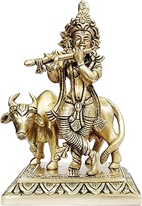Purpledip Brass Idol Lord Krishna & Kamdhenu Cow: Collectible Gold Finish Heavy Statue for Home Temple (12099)
