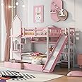 Full-Over-Full Bunk Bed, Castle Style Bunk Bed with 2 Drawers and 3 Shelves, Solid Wood Bunk Beds with Slide and Storage Staircase, Playhouse Low Bunk Bed for Kids Teens Boys Girls (Pink-O273)