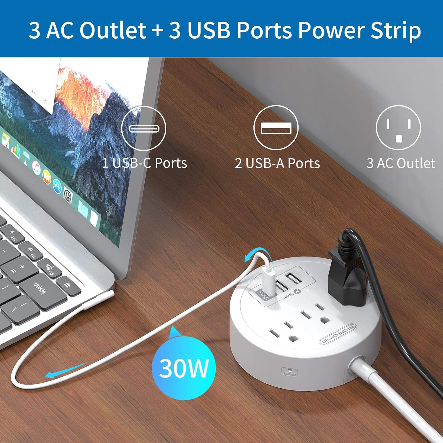 USB C Power Strip with 30W Power Delivery, NTONPOWER Flat Plug Power Strip with 5ft Extension Cord, 3 Outlets 3 USB Desktop Charging Station, Wall Mountable, Compact for Office Home Dorm Essentials: Electronics