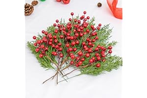 DIYFLORU 36 PCs Christmas Picks Winter Christmas Tree Stems 9.5 Inches Evergreen Pine Needle Branches 6.5 Inches Red Berry Picks for Craft Floral Arrangements Gift Wrapping Tree Decorations