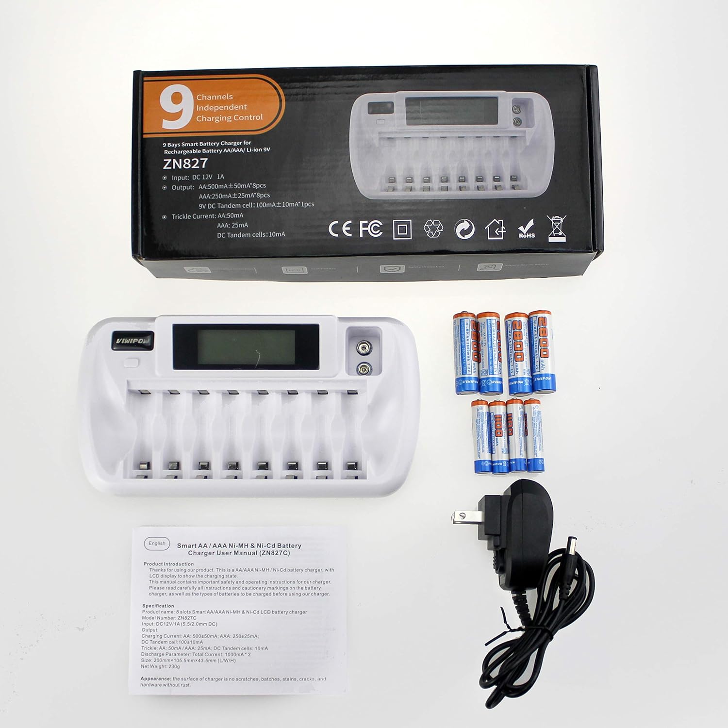 Battery Charger, 8+1 Bay Smart Battery Charger with LCD Display for AA/AAA Ni-MH/Ni-Cd 9V Rechargeable Batteries Charger: Home Audio & Theater