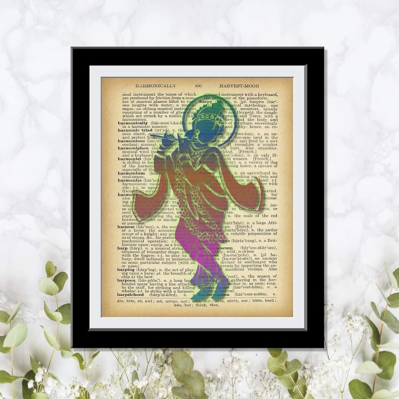Lord Krishna Portrait - Meditation Yoga Hindu God remover of Obstacles Dictionary Art Print Vintage Background Prints Wall Art Pictures Paintings UnFramed…