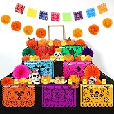 Newwiee 82 Pcs Dia De Los Muertos Altar Day of Dead Decor, Cute Color | Ofrenda Decorations for Altar, LED Candle Papel Picado, Marigold Flowers, Monarch Butterfly, Banner, Disposable Tablecloth