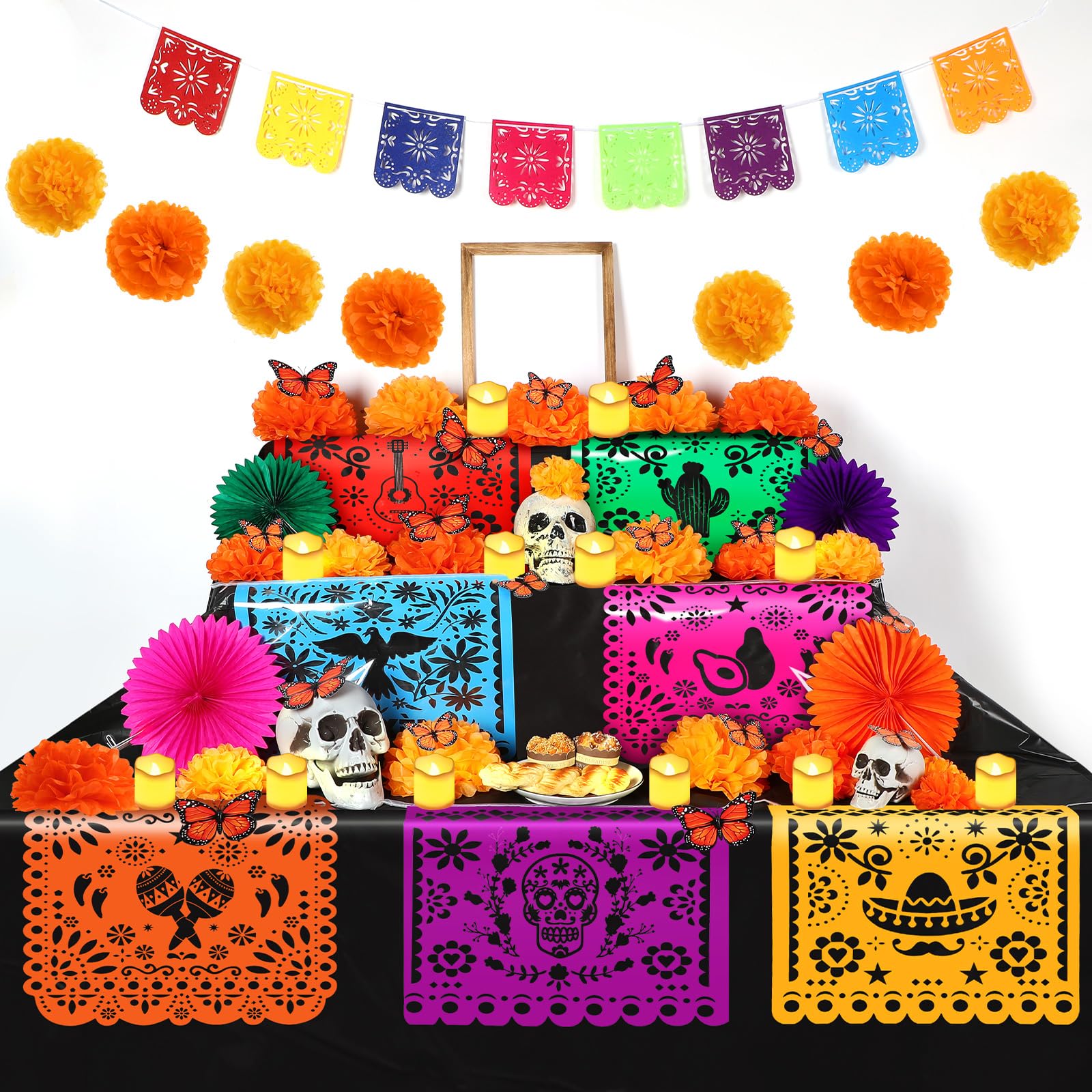 Photo 1 of Newwiee 82 Pcs Day of the Dead Altar Kit Flameless LED Candle Paper Marigold Flower Fan Monarch Butterfly Papel Picado Banner Disposable Tablecloth for Dia De Los Muertos Altar Diwali(Cute Color)