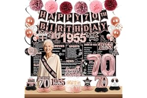 POPULARLDO 70th Birthday Decorations Set, Rose Gold Vintage Happy 70th Birthday Party Decorations for Women, Back in 1955 Backdrop, Cake Topper, Balloon, Banner, Honeycomb Centerpieces & Sash