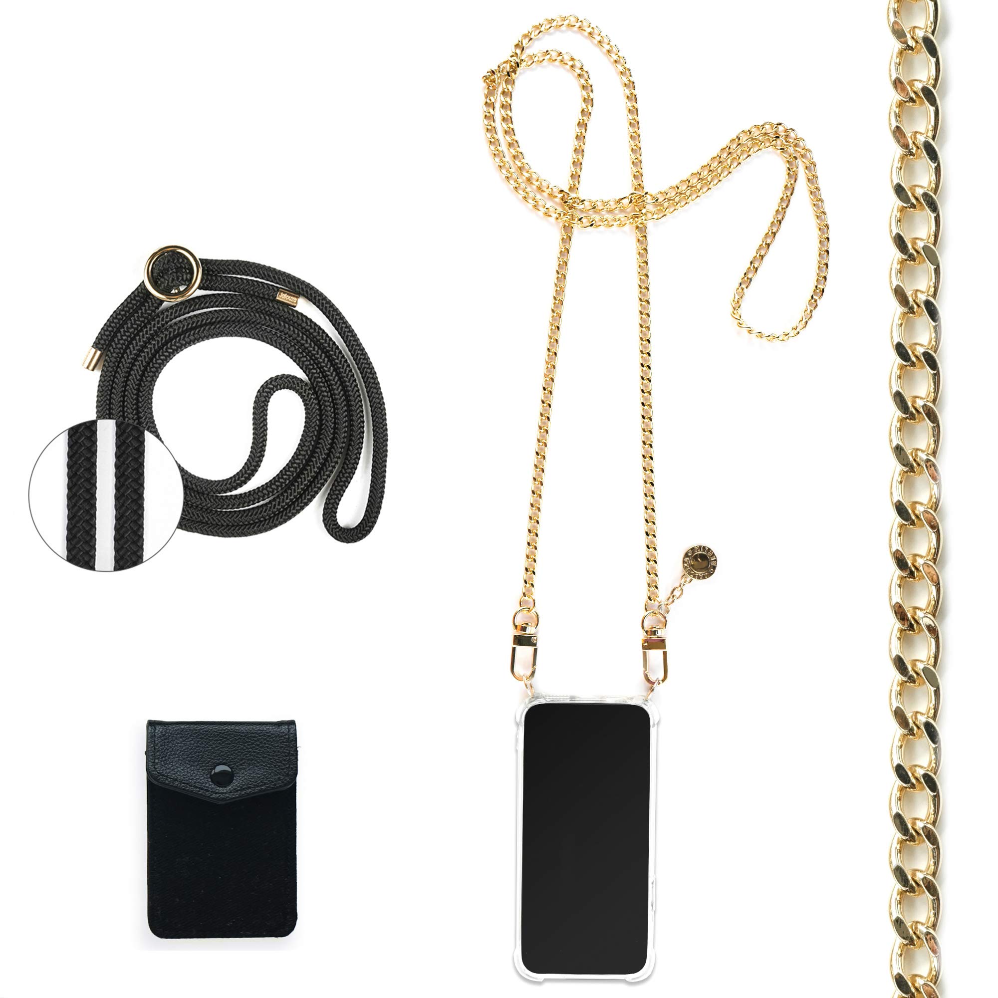 Jalouza Mobile Phone Chain Set Compatible with Apple iPhone XS Max, Card Slot with RFID Protection + Chain with Mobile Phone Case for Hanging + Black Cord as Replacement Strap, Designed in Berlin