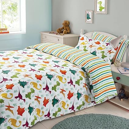 Dreamscene Kids Duvet Cover Pillowcase Bedding Set Boys Girls Dinosaur Reversible Stripe Double