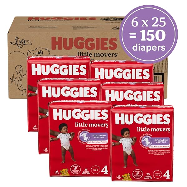 HUGGIES SIZE 4 DIAPERS, LITTLE MOVERS BABY DIAPERS, SIZE 4 (22-37 LBS), 150 COUNT (6 PACKS OF 25), PACKAGING MAY VARY