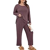 ZHUHOUSE Womens Plus Size Lounge Pajamas 2 Piece Pj Sets Soft Long Sleeve Ribbed Tops Wide Leg Pants with Pockets