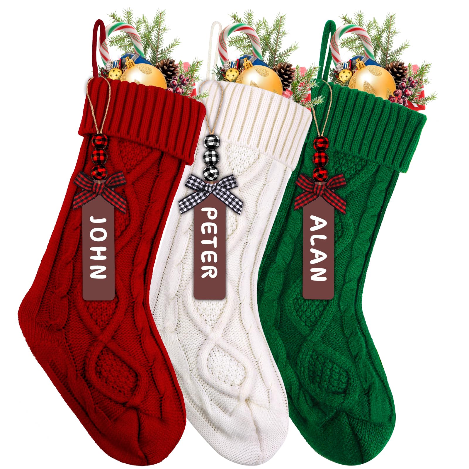 JOLCEEY 3pcs Christmas Stockings, 18 Inch Large Knit Christmas Stockings Personalized Xmas Hanging Stocking Decorations with Name Tags for Christmas Fireplace Tree Decorations
