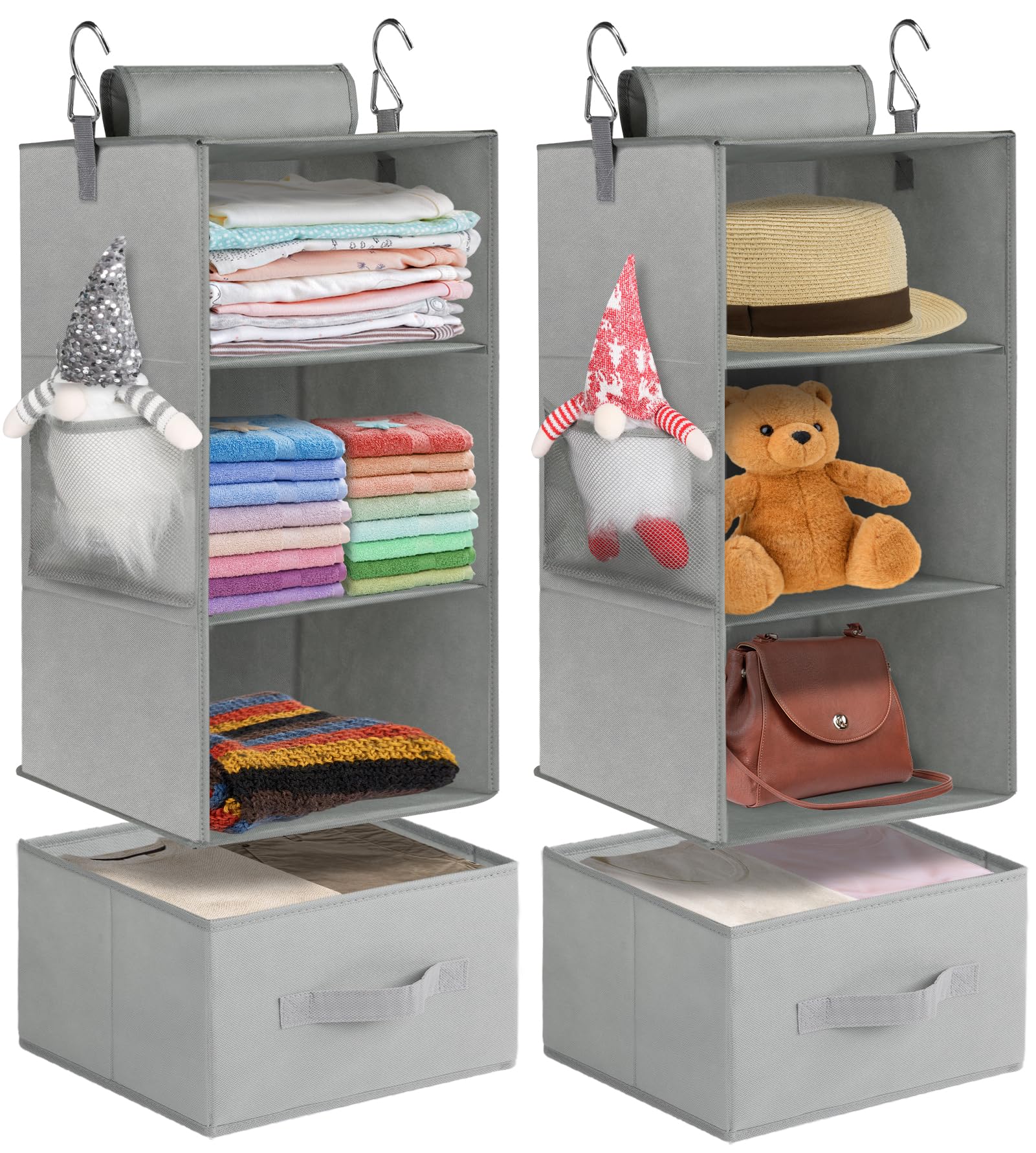 Photo 1 of punemi 3-Shelf Hanging Closet Organizer, 2 Pack Closet Hanging Organizer with Drawers, Foldable Hanging Closet Shelves for Rv, Camper, Locker, 22.8" D x 11" W x 11" H, Grey