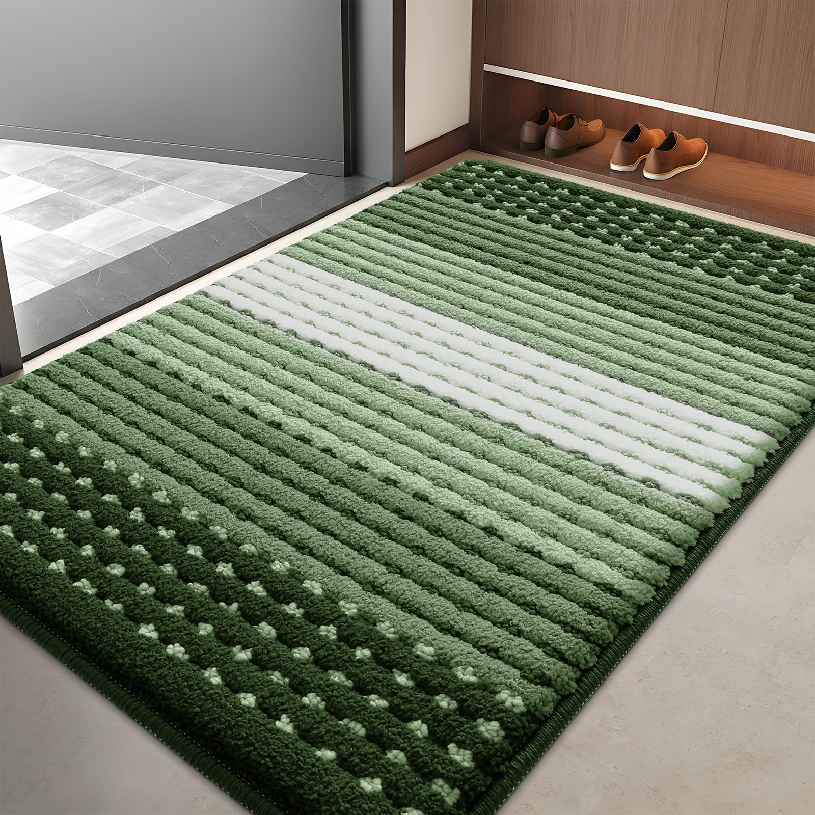 Kitinjoy Indoor Outdoor Door Mat, 40x32 Non-Slip Absorbent Dirt Trapper, Low-Profile Washable Inside Entrance Front Floor Mat, Sturdy Soft Entry Dotted Ombre Doormats for Entryway, Green Image