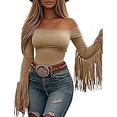 KWSTAIN Fringe Tops for Women Western Cowgirl Off The Shoulder Fall Long Sleeve with Tassels Stretchy Crop Shirts Blouses
