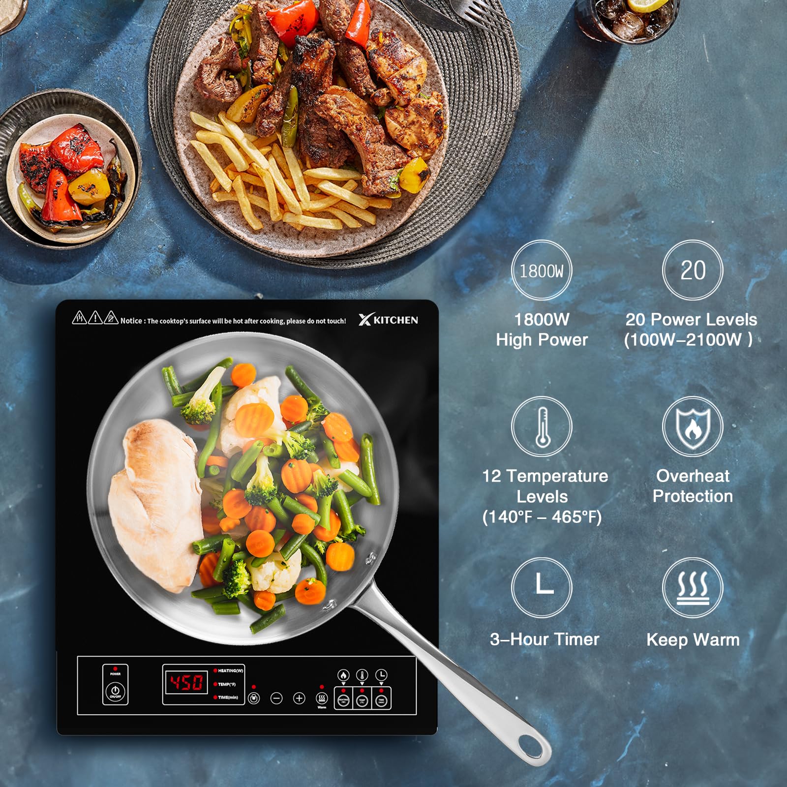 XKitchen Portable Induction Cooktop, 1800W Induction Burner with 9 Power levels, 12 temperature levels(140℉-465℉), Safety Lock, 3-Hour Timer, Countertop Burner with Warm Function, Black, 110V