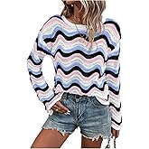 OYOANGLE Women's Colorful Striped Crochet Sweater Long Sleeve Hollow Out Lightweight Pullover Tops