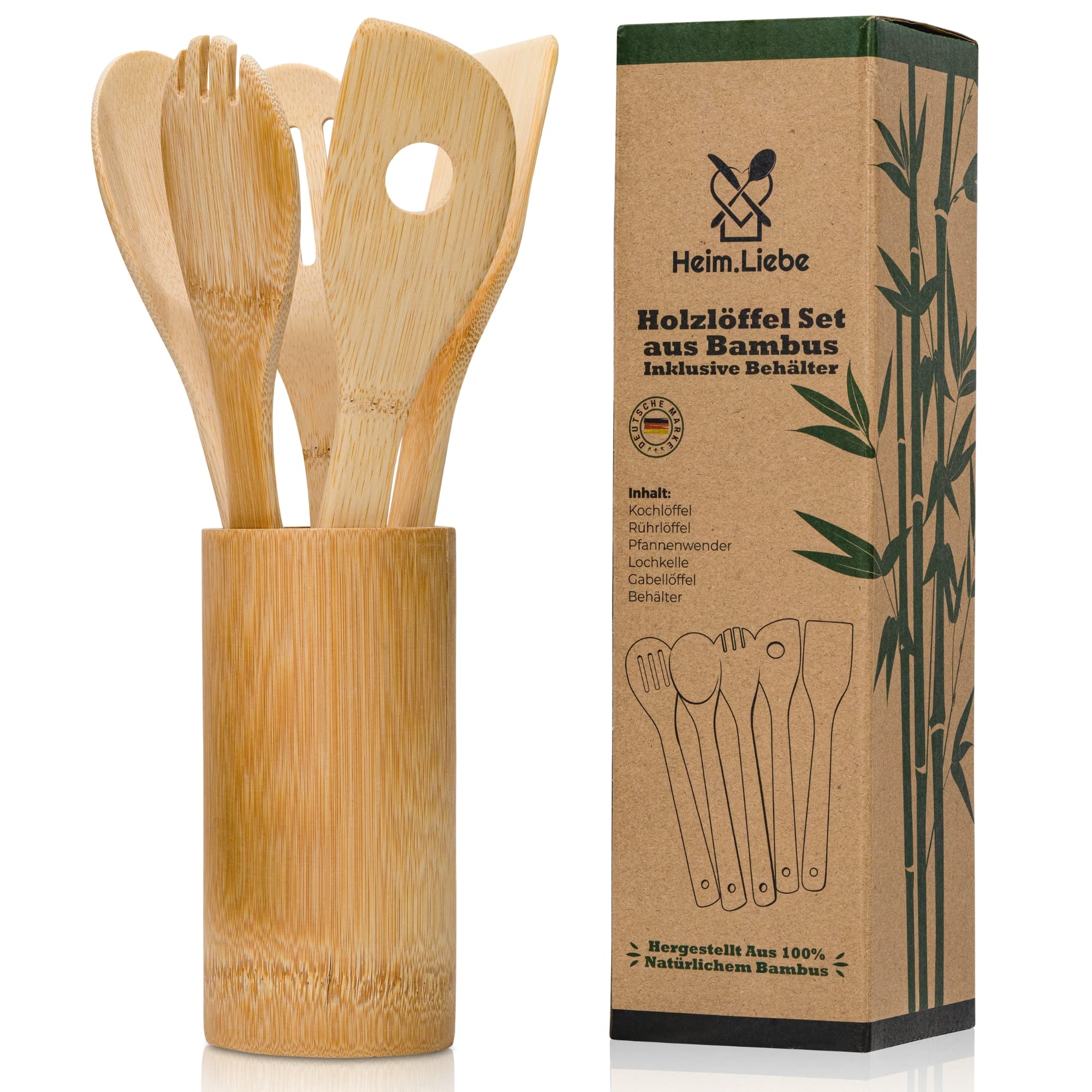 Heim.Liebe Premium Bamboo Wooden Spoon Set - 6 Pieces, Including Container - Sustainable, FSC Certified, LFGB Compliant