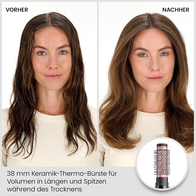 Perfect Finish - 1000W Warmluftbürste. 3 Aufsätze zum Glätten, Volumen & Formen, 2 Temperatureinstellungen + Kaltstufe, Ionen-Technologie für Anti-Frizz, schwarz, AS126E