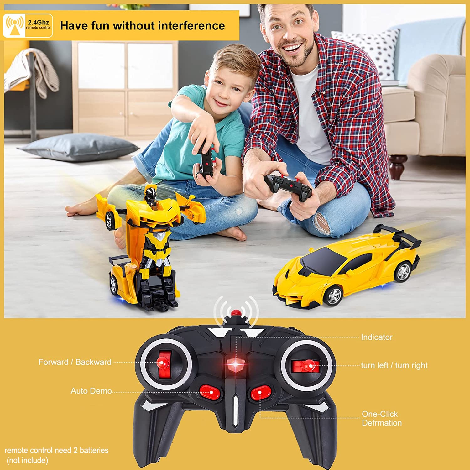Thedttoy Transformator Ferngesteuertes Auto Spielzeug mit 2.4GHz Fernbedienung, 1:18 Ferngesteuerte Roboter Transform RC Auto für Kinder Junge, Transforming Spielzeug Geschenke ab 4-12 Jahre (Gelb) 3