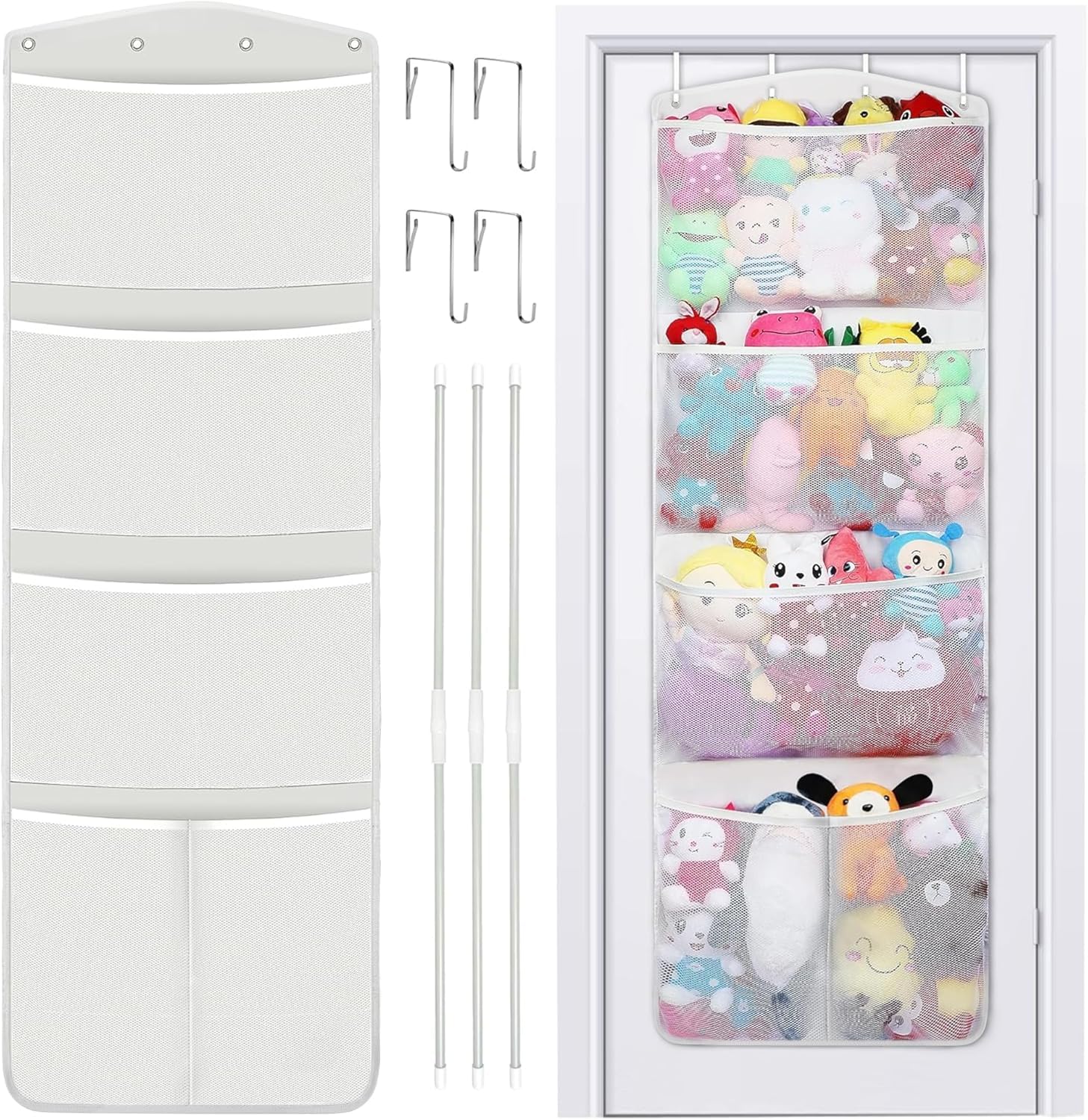 Stuffed Animal Storage, with 3 Large Pockets and 2 Medium Pockets, Over The Door Organizer Storage for Closet, Baby, Plush Toy, Hanging Door Organizer for Nursery, Bedroom, Bathroom, Kids Room (White)