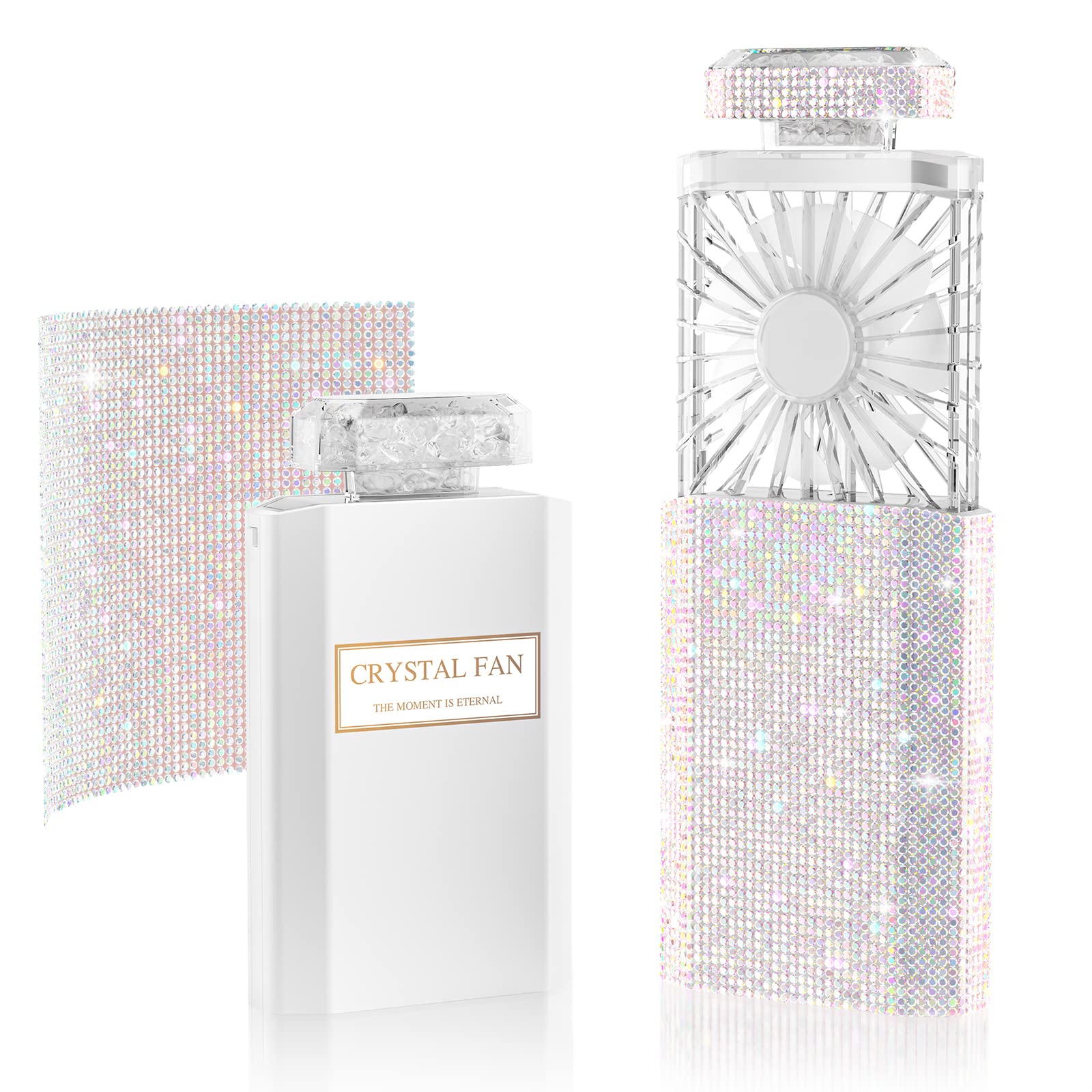 Mini Handheld Fan, Portable Hand Fan, Rechargeable Fan Powerful Airflow Pull-out of 3 Speed, Desk Fan Gifts for Women, Compatible for Outdoor Queue Office Diamond White