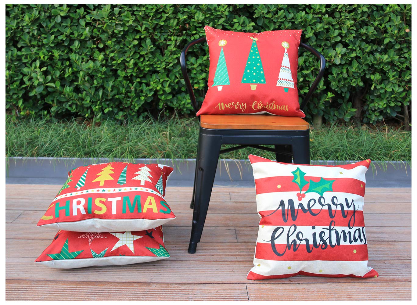 LoveHome Decor Merry Christmas Series Throw Pillow Covers,Winter Holiday Merry Christmas and Christmas Tree Farmhouse Decorations Cotton Linen Pillow Covers Set of 4,18 X 18 inch