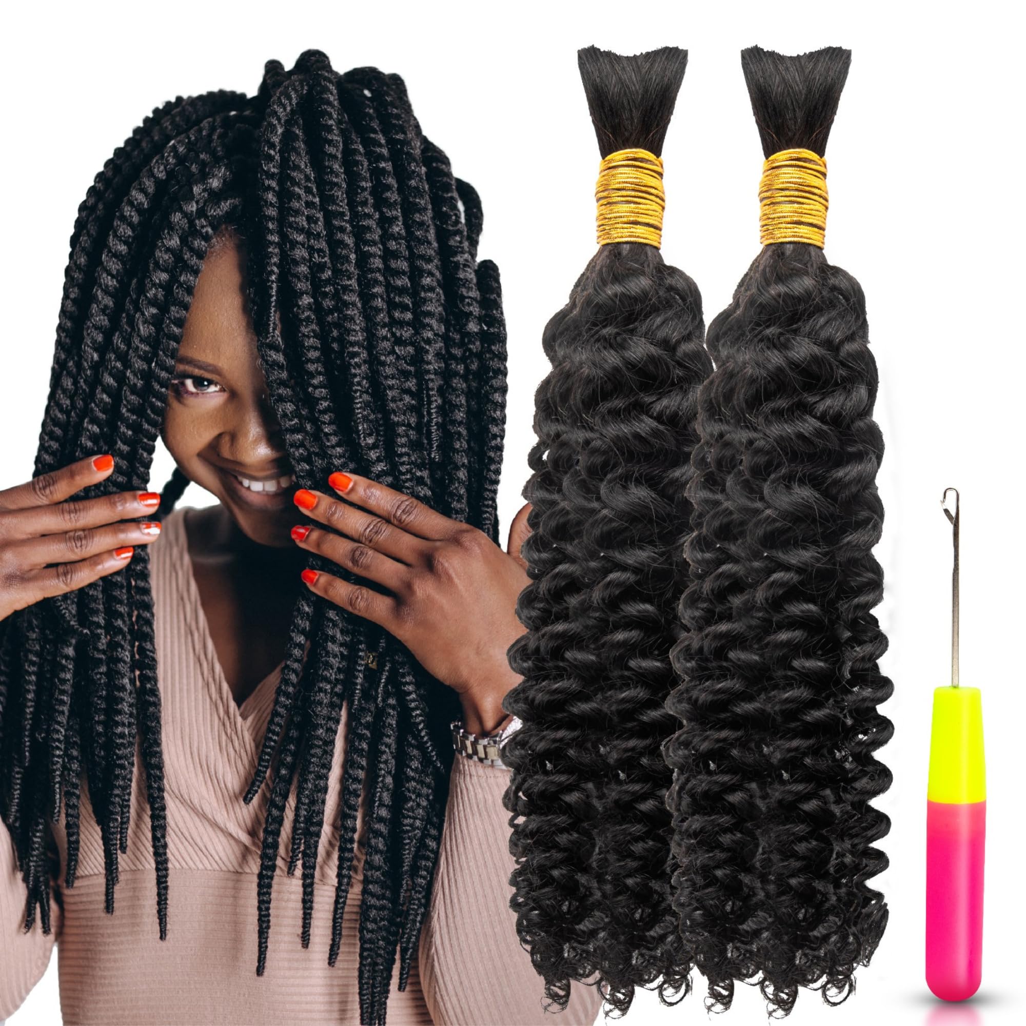 Photo 1 of Human Braiding Hair 2 Bundles 100g 20 Inch Deep Water Wave Bulk Human Hair for Braiding No Weft 10A Brazilian Virgin Curly Extensions for Boho Braids Wet and Wavy