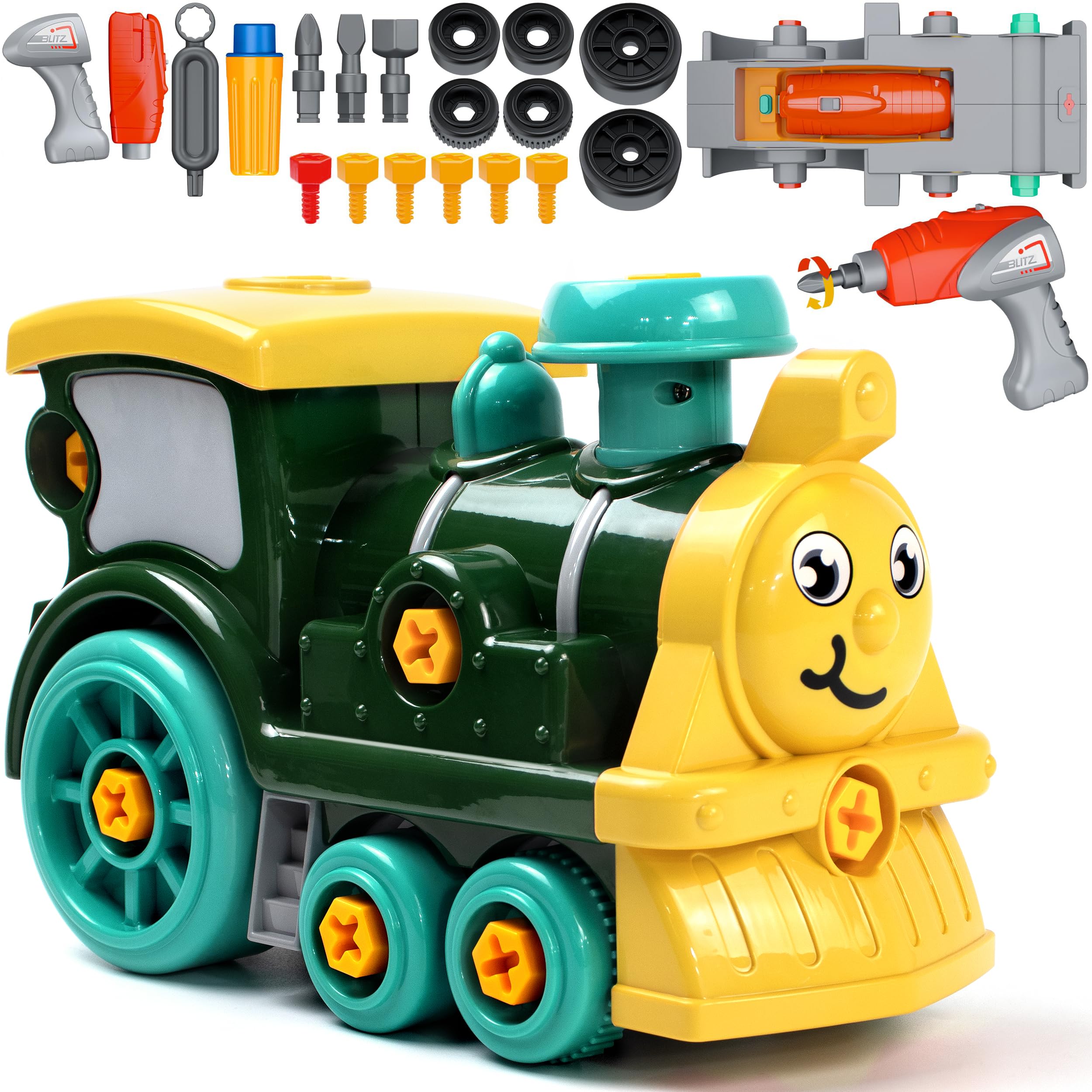 Brixlytoys Toddler Take Apart Toy Set with Electric Drill, DIY Electric Toy Trains Disassembly, STEM Building Learning Toys, Xmas Gifts for 3-8 Year Old Boys & Girls
