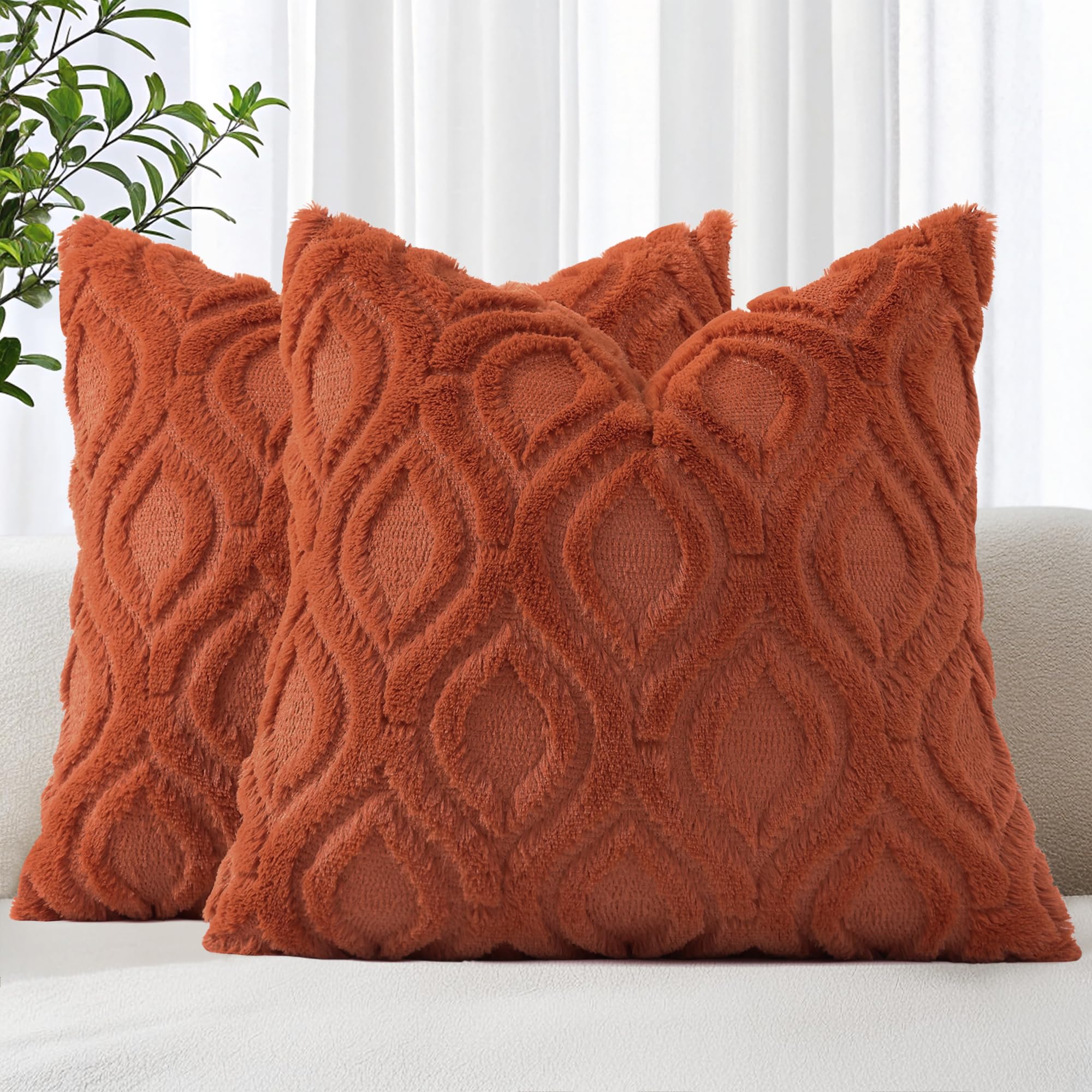 Photo 1 of decorUhome Fall Throw Pillow Covers 20x20 Inch Set of 2, Soft Plush Decorative Faux Fur Rust Solid Couch Pillow Covers, Accent Farmhouse Neutral Square Euro Pillow Cases for Sofa Bed Living Room