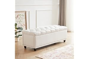 Tbfit Ottoman with Storage, 50.8" Storage Bench with Button-Tufted, End of Bed Storage Bench Safety Hinge with Rivets, Large Storage Ottoman Bench for Bedroom, Living Room, Foot of Bed (Beige)