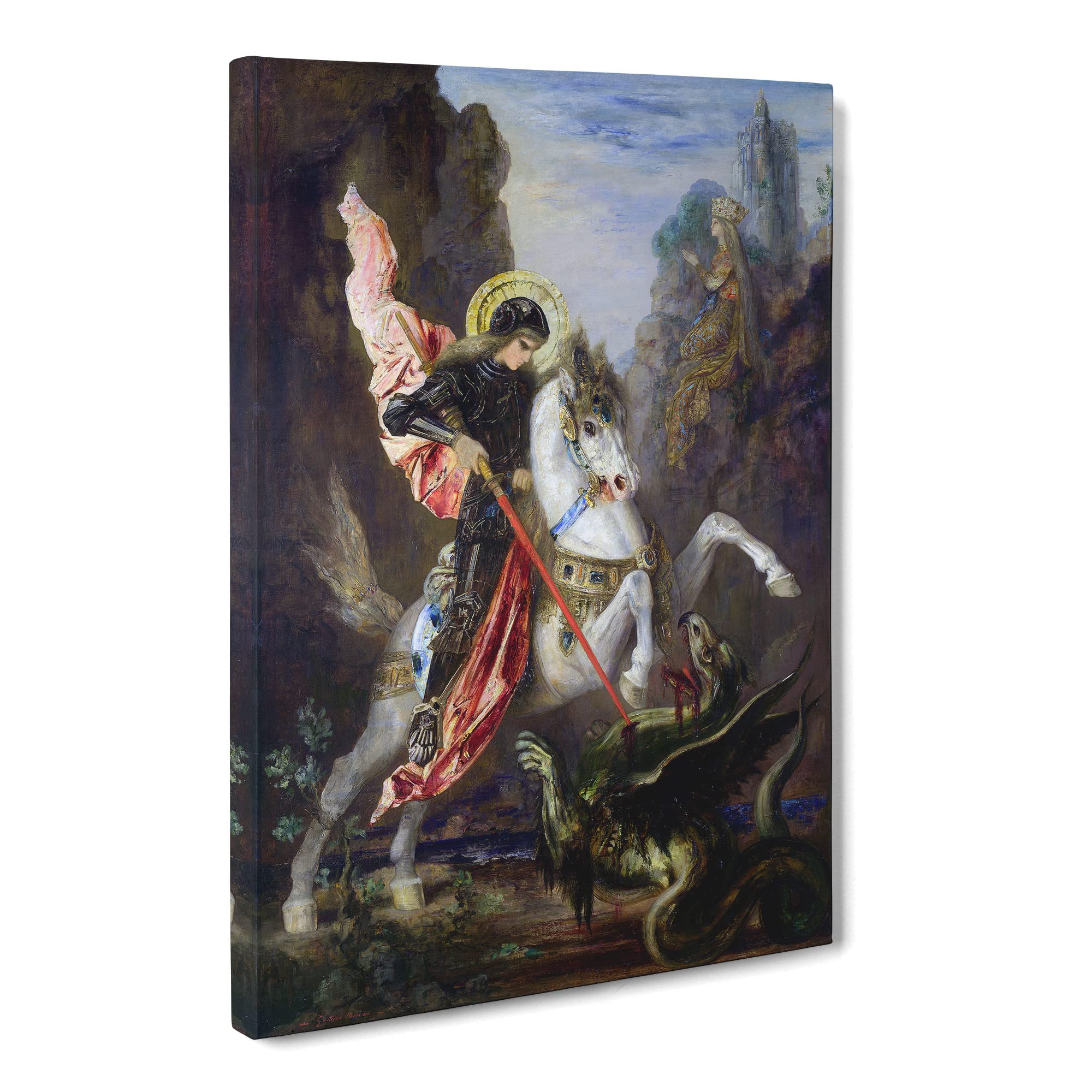 St George And The Dragon By Gustave Moreau Canvas Print | Gallery Wrapped 30mm Frame Wall Art | 20x14 inches | Ready to Hang | Classic Animal Picture | Living Room Bedroom Lounge Office