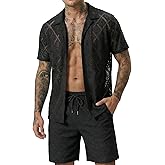 KENQOLA Mens 2 Piece Short Set Summer Outfits Lace Sexy Shirt and Shorts Set See Through Mesh Short Sleeve and Shorts Set