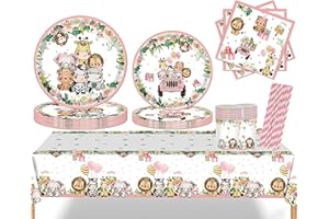 Safari Jungle Baby Shower Decorations for Girls, Wild One Birthday Tableware Set for 25 Guests, Jungle Animals Paper Plates, 