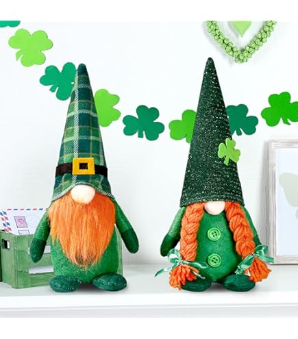 Gnomos De Peluche Para El Día De San Patricio - Decoración Con Trébol Y Herradura, Verde Y Marrón | Para Mesa, Estantería O Regalo
