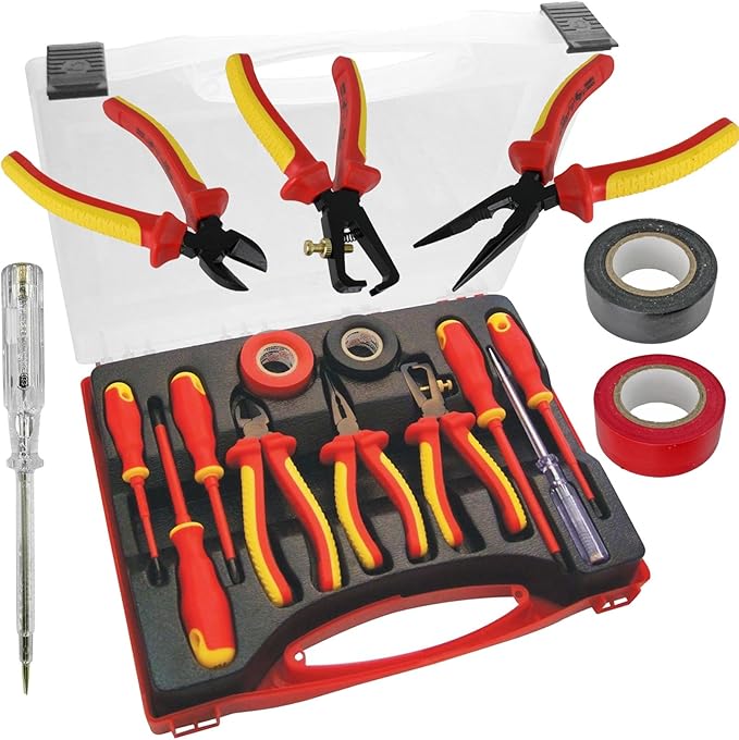 Spares2go Complete Electricians Insulated Screwdriver & Plier Tool Set