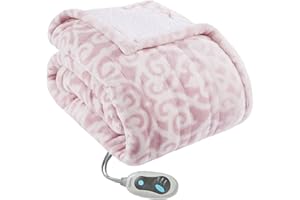 Beautyrest Ultra Soft Sherpa Berber Fleece Electric Poncho Wrap Blanket Heated Throw with Auto Shutoff, 50 in x 64 in, Blush Lattice